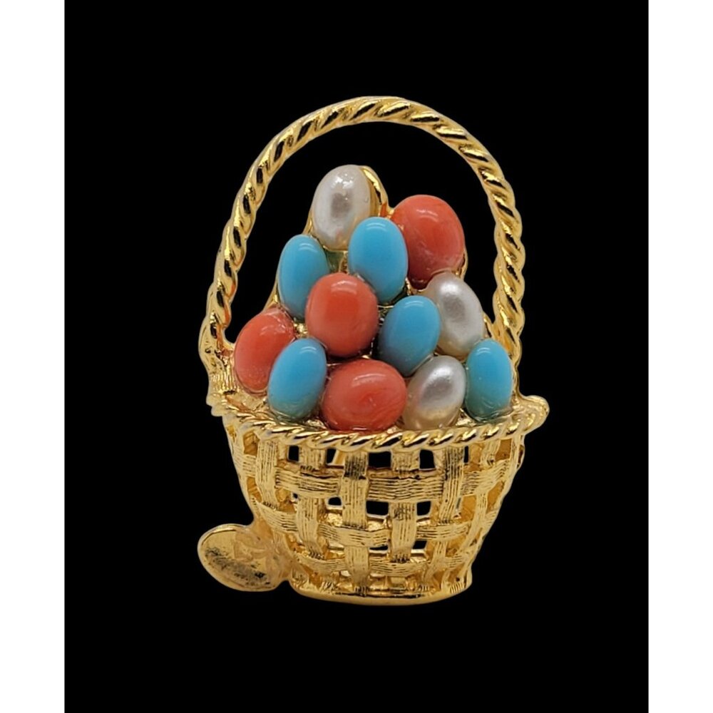 Vintage Costume Gold Tone &‎ Faux Stone Easter Basket Brooch Pin! 116